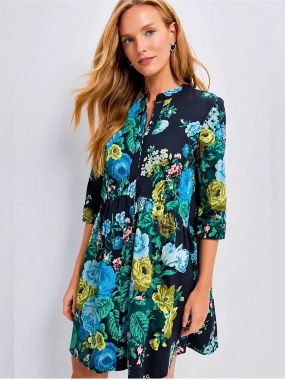 TUCKERNUCK • Black verdant floral Pierce dress Medium blue preppy tea party